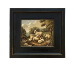 Sheep in Landscape Painting Print Reproduction on Canvas in Distressed Black Solid Ash Frame