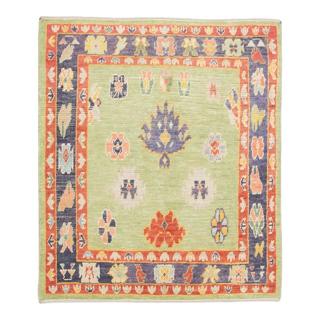 Early 21st Century Green Multicolor Handwoven Wool Turkish Oushak Rug 5'5'" X 6'6'" For Sale