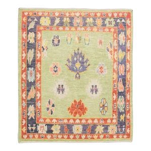 Early 21st Century Green Multicolor Handwoven Wool Turkish Oushak Rug 5'5'" X 6'6'"