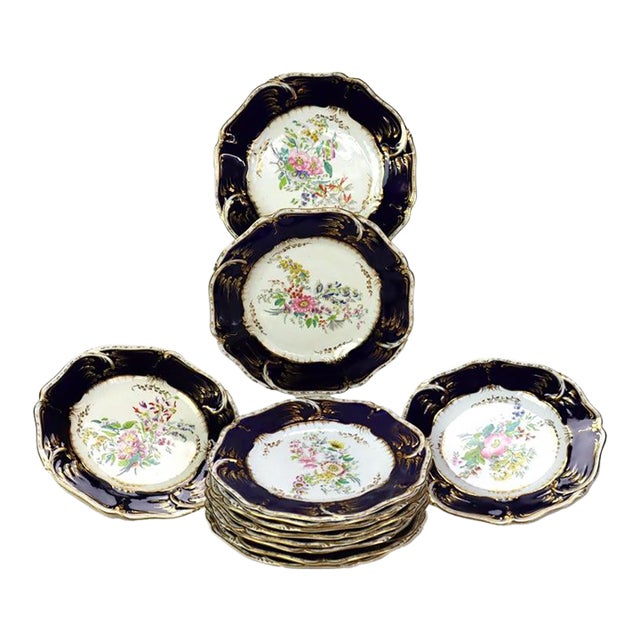 12 Antique English Cobalt Blue & Gilt Porcelain Plates C1900 For Sale