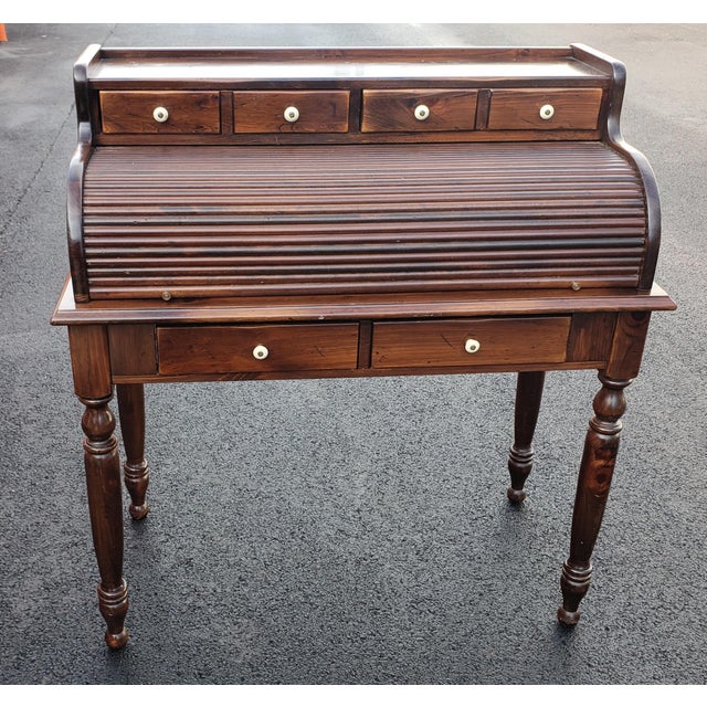 Ethan Allen Old Tavern Rolltop Pine Desk With Walnut Ladder Back and Rush Seat Chair Chairish