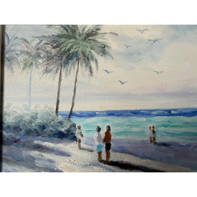 Sky Blue Vintage H. Cole Impressionist Tropical Beach Scene Oil on Canvas Painting, Framed For Sale - Image 8 of 11