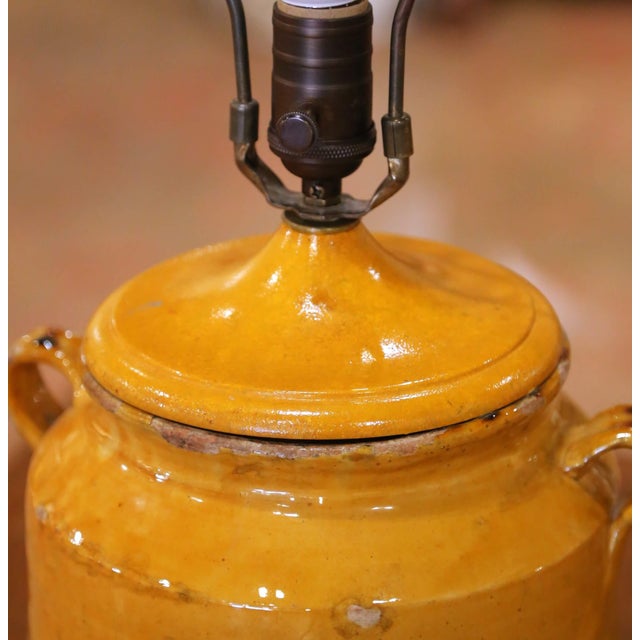 Ceramic 19th Century French Yellow Glazed Confit Pot Table Lamp With Custom Shade For Sale - Image 7 of 9