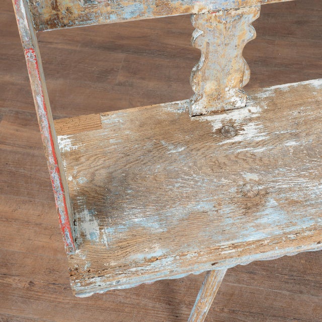 19th Century Hungarian Original Hand Painted Peg-Leg Oak Bench For Sale - Image 9 of 17