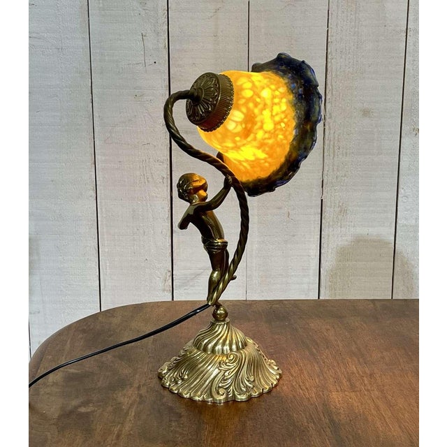 Bronze Lamp with Glass Paste Tulip Shade, 1970s, in Good conditions. Designed 1970 to 1979 European Plug (up to 250V).The...