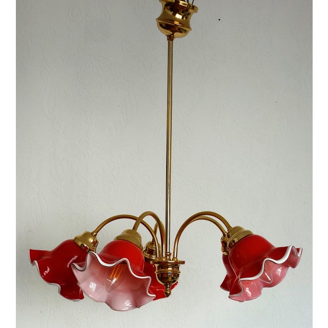 1980s Vintage Brass and Glass 5-Light Chandelier, 1980s For Sale - Image 5 of 14