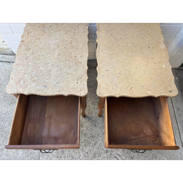 Pair of Vintage French Provincial-Style Wood End Tables or Nightstands Featuring Scalloped Stone or Marble-Style Tops and Curved Cabriole Legs For Sale - Image 10 of 10