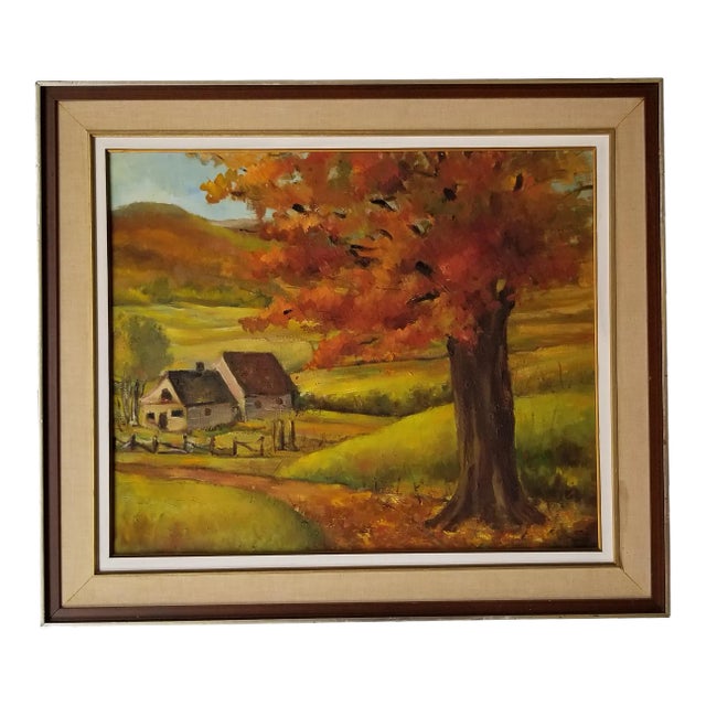 70's Vintage Rural Homestead Landscape Oil Painting For Sale