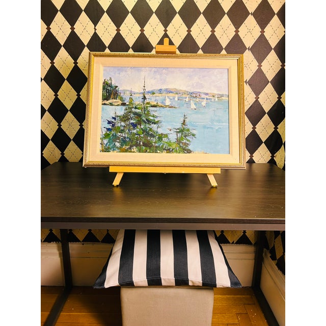 Impressionist Coastal Harbor Oil Painting With Sailboats, Framed 24" Signed Eileen Kelly For Sale - Image 13 of 15