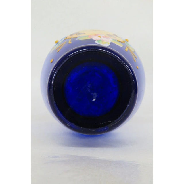 Cobalt Blue and Gold Hand Painted Flowers Czech Bohemian Glass Bud Vase For Sale - Image 12 of 13