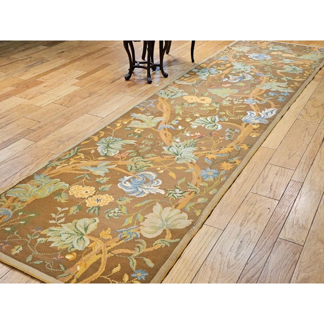Textile Vintage French Needlepoint Runner, Handwoven Wool, Tree of Life Pattern, Brown & Blue, 4’ X 15’ For Sale - Image 7 of 17