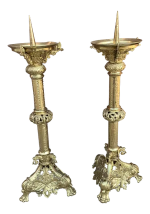 Antique French Ornate Gilt Bronze Ormolu Pricket Candlesticks - Pair