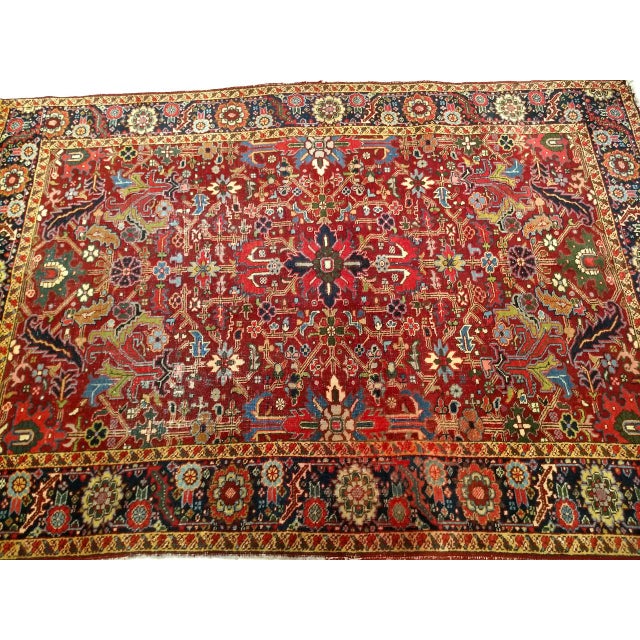 Vintage Persian Heriz Serapi Rug, Hand-Knotted Wool, All-Over Geometric Pattern, Red & Navy, 7x10 For Sale - Image 12 of 14