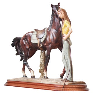 Italian Ceramic Sculpture of Horse and Woman on Wooden Base by A. Saulini, 1970s For Sale