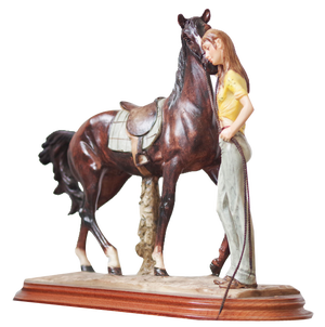 Italian Ceramic Sculpture of Horse and Woman on Wooden Base by A. Saulini, 1970s