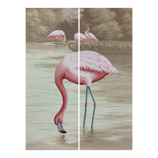 36" * H96" * 2ps, Neoclassical Hand-Painted Flamingo Luxury Retro Seamless Wall Mural For Sale