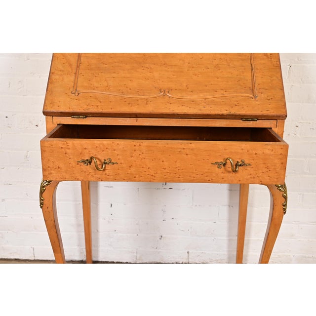 Baker Furniture Style Antique French Provincial Louis XV Birdseye Maple Drop Front Secretary Desk With Mounted Brass Ormolu, Circa 1890s For Sale In South Bend - Image 6 of 18
