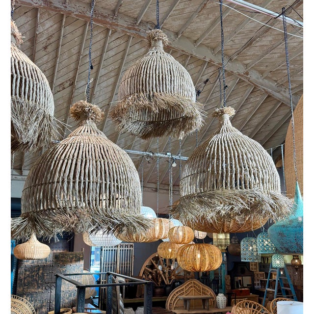 Tan Telum Grass Fringe Coastal Tribal Pendant Light Large For Sale - Image 8 of 11