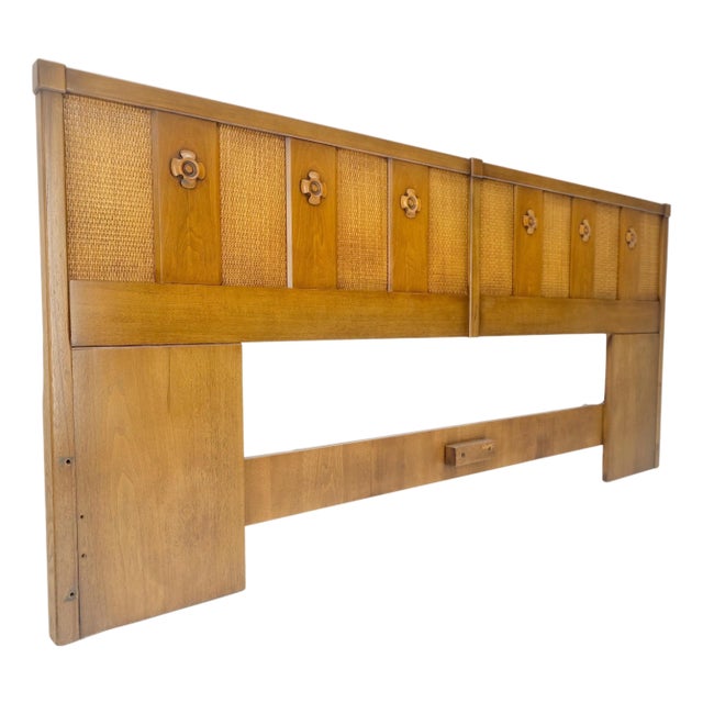 American Light Walnut Cane King Size Clover Rosettes Decorated Headboard For Sale