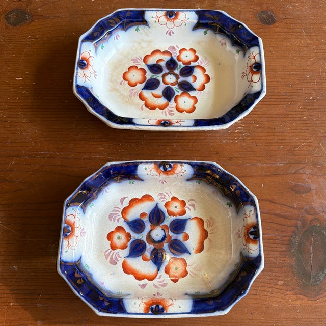 Mid 19th Century Antique Gaudy Welsh Crescent Pinwheel Flow Blue Set of 2 Vegetable Dishes, Circa 1840s For Sale - Image 5 of 12