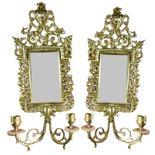 Napoleon III Double Wall Sconces with Beveled Mirrors in Gilt Bronze, Set of 2 For Sale