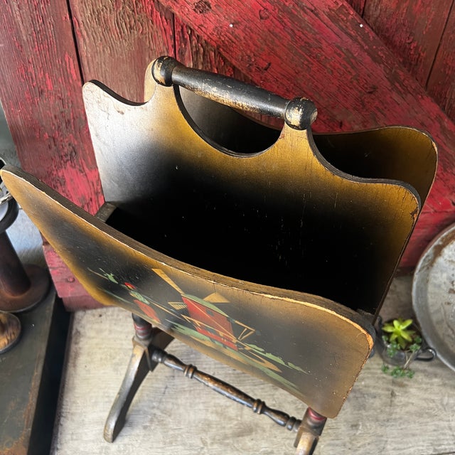 Antique Wooden Magazine Rack With Hand-Painted Dutch Scenes & Dual Compartments For Sale - Image 4 of 11