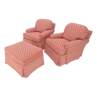 Pair of Large Red & White Upholstery Club Lounge Chairs & Matching Ottoman MINT For Sale