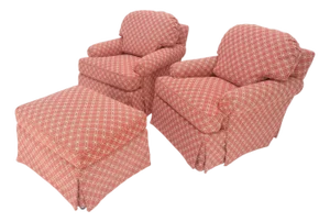 Pair of Large Red & White Upholstery Club Lounge Chairs & Matching Ottoman MINT
