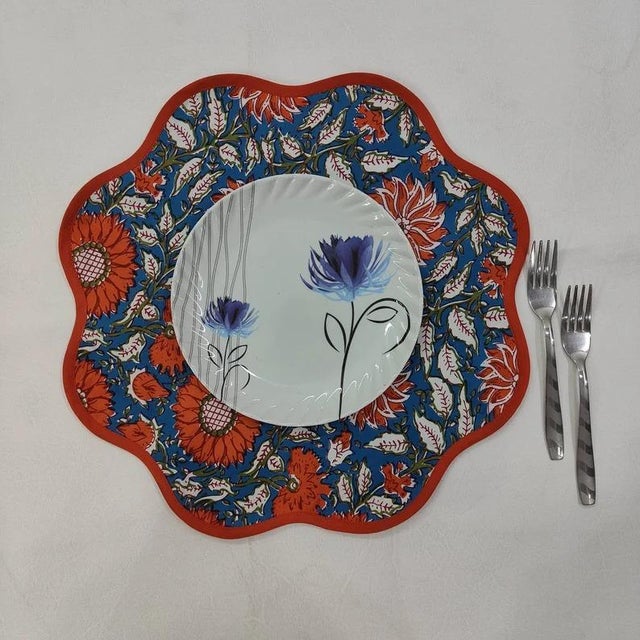 Not Yet Made - Made To Order Handmade Scalloped Blue & Orange Botanical Placemat with Orange Piping - Set of 4 For Sale - Image 5 of 7