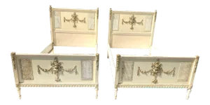 French Style Antique Twin Beds (2) by Sligh Furniture u.s.a. Cream Color With Caning Distressed