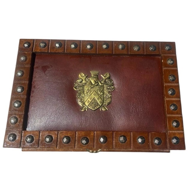 1990s Vintage Wooden Jewelry Box Medieval Crest Brass Emblem Studded Leather Top For Sale In Philadelphia - Image 6 of 9