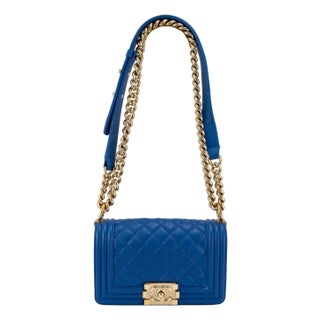 Chanel Small Boy Flap Blue Quilted Lambskin Gold Hardware Shoulder Bag For Sale