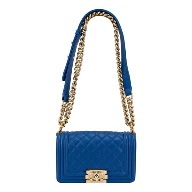 Chanel Small Boy Flap Blue Quilted Lambskin Gold Hardware Shoulder Bag For Sale