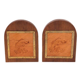 Vintage Tooled Leather Fish Bookends For Sale