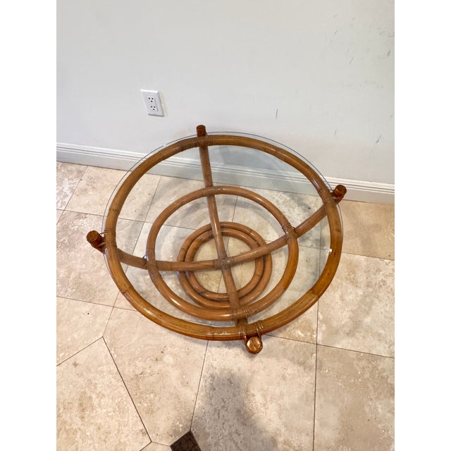 1970s Vintage Sculptural Palm Beach Style Rattan Coffee Table With Round Glass Top, C. 1970s For Sale - Image 5 of 9