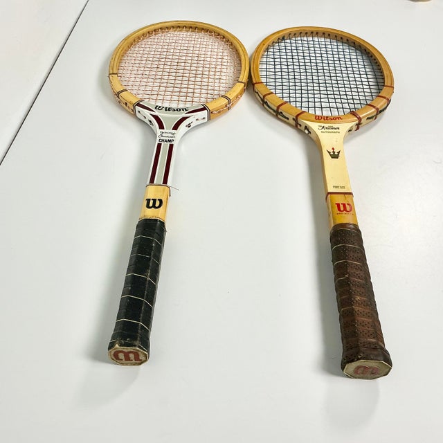 Wood Vintage Americana Boho Chic Wood Wilson Tennis Rackets Decorative Wall Objects - Set of 2. For Sale - Image 7 of 12