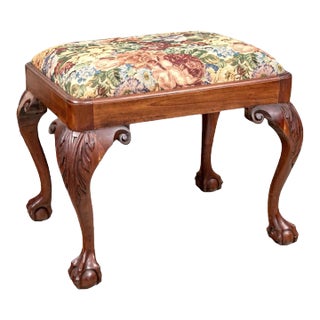 1970s Vintage Needlepoint Upholstered Chippendale Style Ottoman For Sale