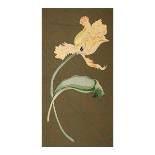 1900s Olive Green Ground Floral Antique European Needlepoint Handmade Wool Rug For Sale