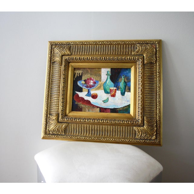 This whimsical oil painting is as vibrant as can be! Semi-abstract, still-life scene in rich jewel tones, brought to life...