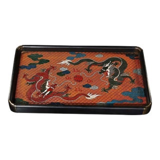 Vintage Ebony Wood Rectangular Tray With Cloisonné Double Dragon Panel For Sale