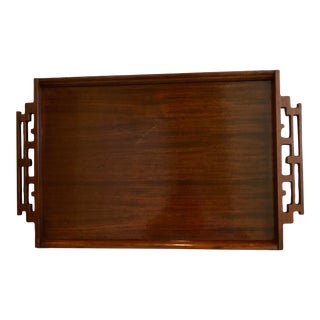 Vintage Asian Wood Tray With Hand-Craved Handles For Sale