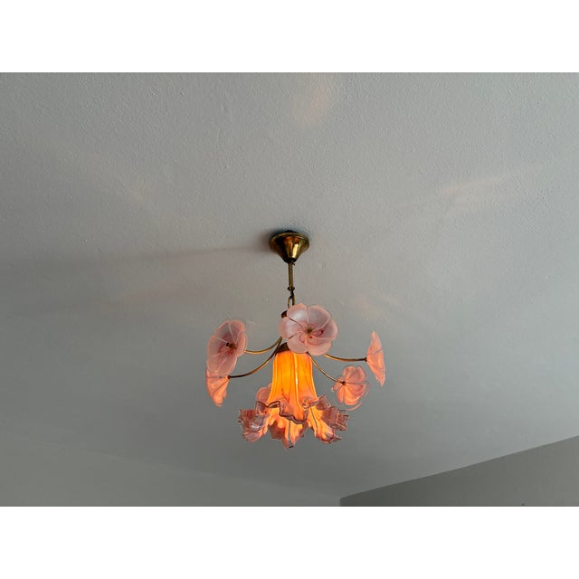 Glass Vintage Murano Glass Ruffled Floral Pendant Light – Pink Swirl & Daisy Shades For Sale - Image 7 of 18