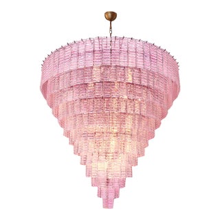 Contemporary Stunning Clear Stips "Listelli" Pink Murano Glass Burnish Chandelier For Sale