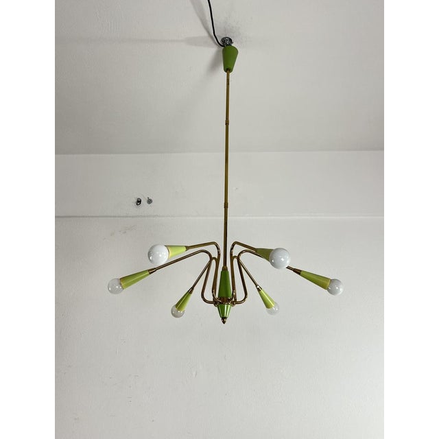 Mid-Century 6-Light Brass Chandelier in the style of Oscar Torlasco, 1950s For Sale - Image 9 of 9