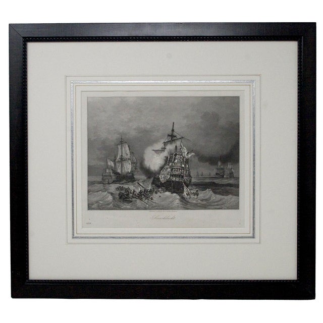 Black Mid 19th Century English Black & White Etching of Tall Sailing Ships, Framed For Sale - Image 8 of 8