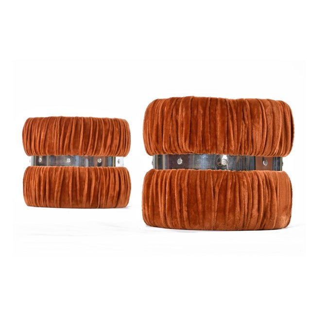 Mid-Century Modern Pair of 1970s Burnt Orange Draped Round Side Tables With Mirror Glass Tops For Sale - Image 3 of 9