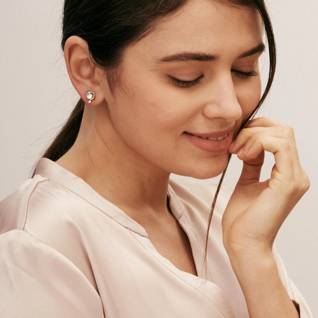 Syna Yellow Gold Blue Topaz Studs with Champagne Diamonds, a Pair For Sale - Image 4 of 5