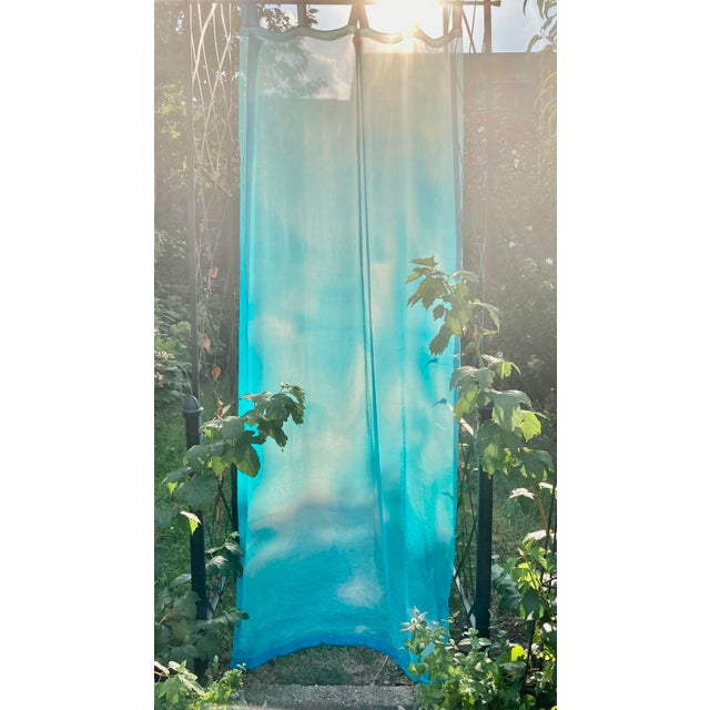 Modern Turquoise Silk Chiffon Cloud Print Curtain For Sale - Image 3 of 7