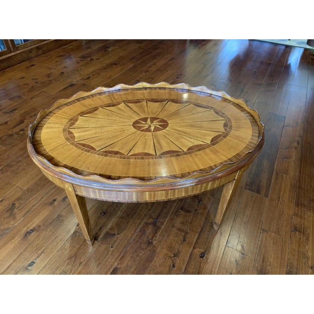 20th Century English Traditional Oval Coffee Table With Scalloped Edge and Parquetry Inlay For Sale - Image 9 of 9