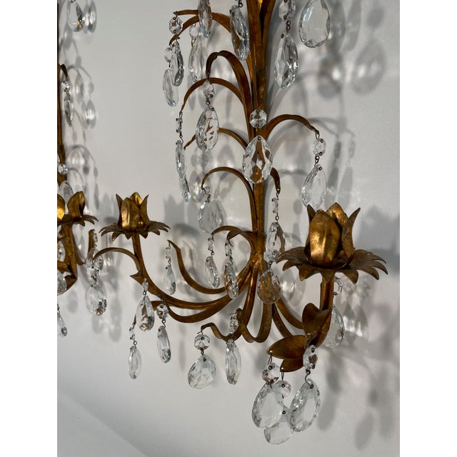 Mid 20th Century Vintage 19.5" Italian Tole and Crystals Candle Sconces - A Pair For Sale - Image 5 of 17